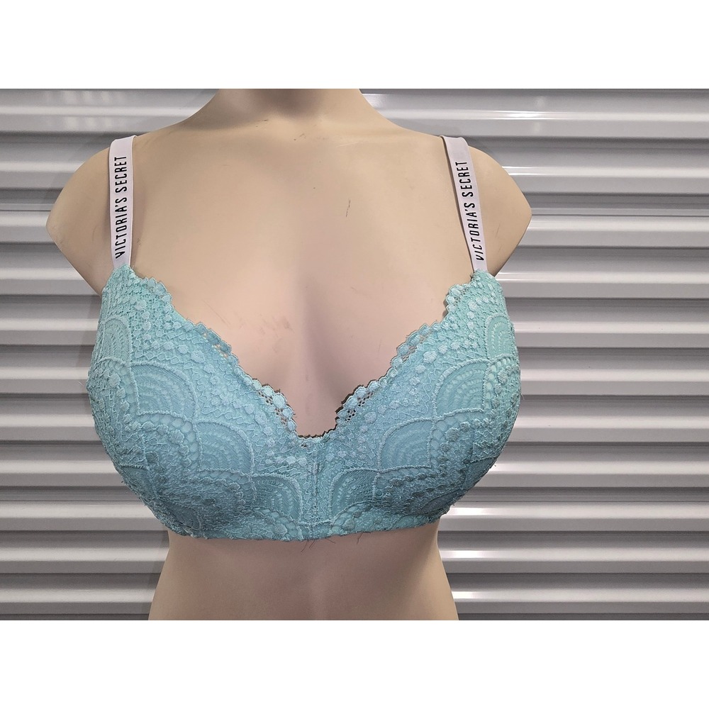 Victorias Secret Mint Green Floral Lace Logo Strap Push Up Bra 36D Lightly Lined
